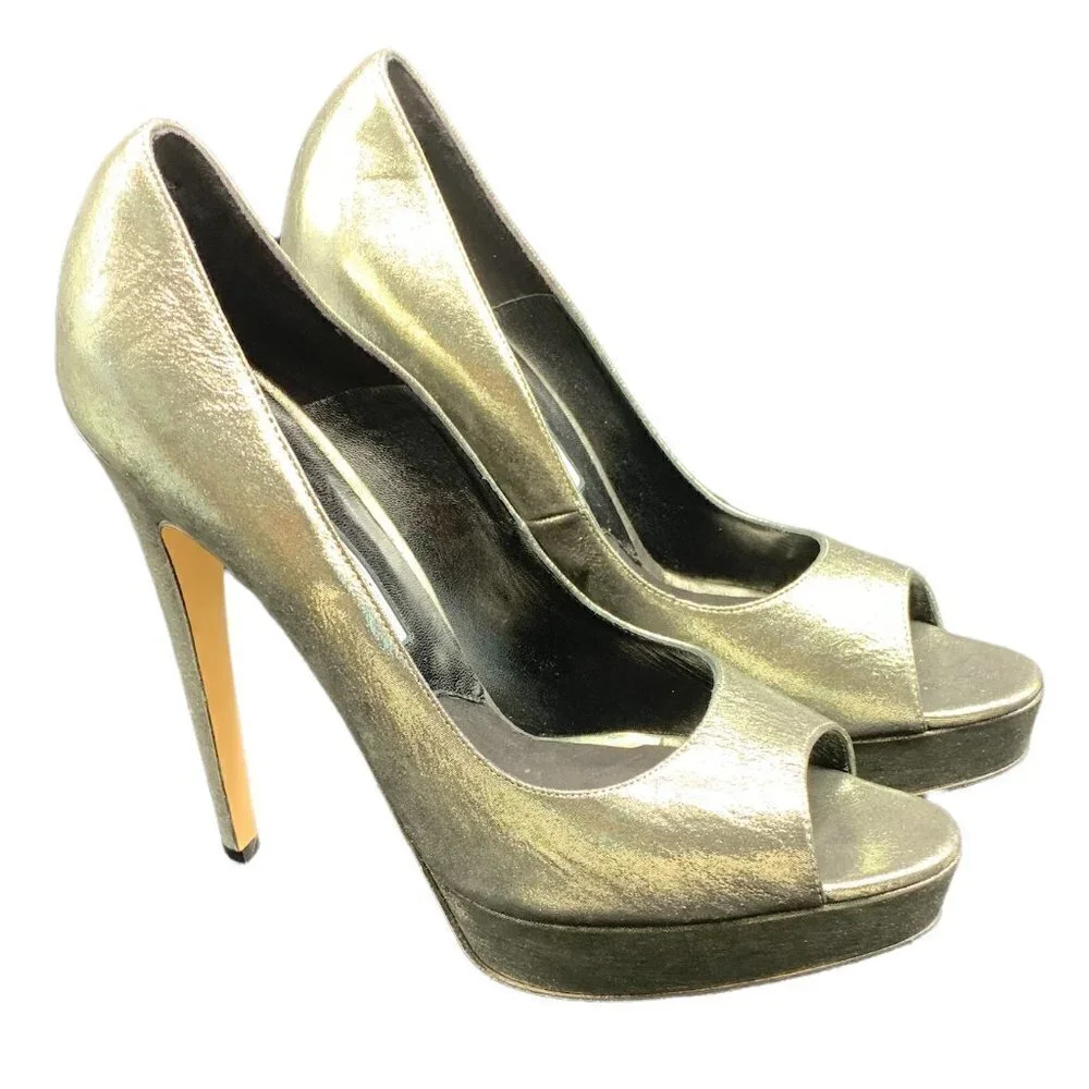 BRIAN Atwood Madison Avenue Gold Platform Peep Toe Heels Size 10.5